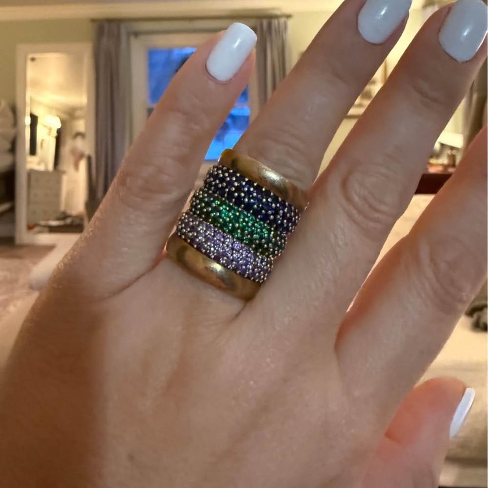 Gold-Edged Triple Pave Stackable Ring In Green, B… - image 1